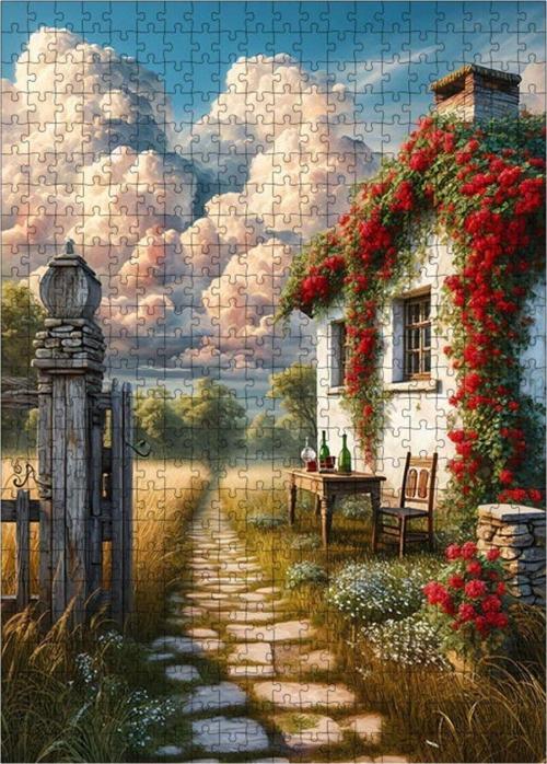 Ahşap Mdf Puzzle Yapboz Çiçekli Taş Ev 500 Parça 50 x 70 Cm