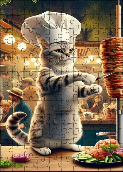 Ahşap Mdf Puzzle Yapboz Döner Kesici Kedi Şef 120 Parça 25 x 35 Cm
