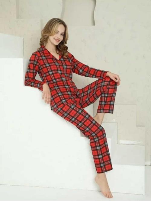 Kareli Önden Düğmeli Uzun Kollu  Pijama Takımı
