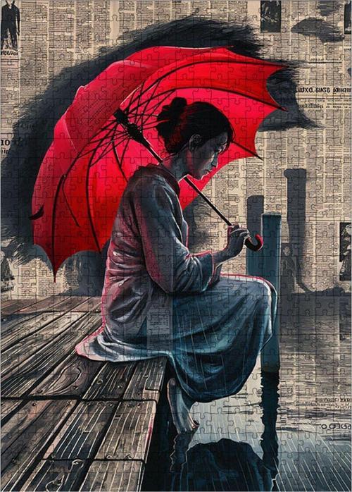 Ahşap Mdf Puzzle Yapboz Kırmızı Şemsiyeli Japon Kızı 500 Parça 50 x 70 Cm