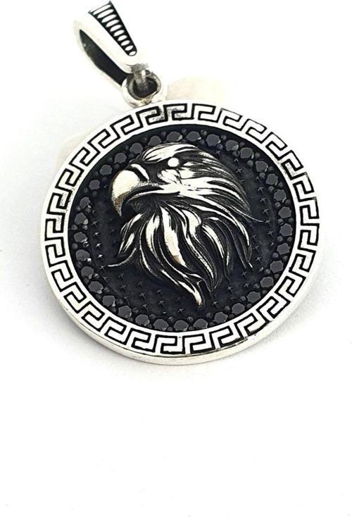 Oniks Taşlı Kartal Figürlü 925 ayar Gümüş Madalyon Kolye