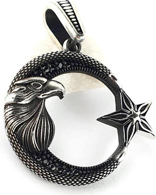 Oniks Taşlı Kartal Figürlü 925ayar Gümüş Tasarım Ay Yıldız Kolye Ucu