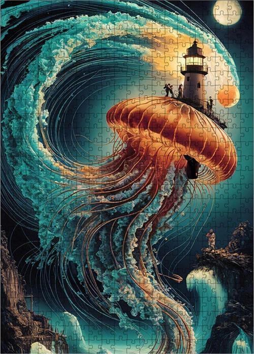 Ahşap Mdf Puzzle Yapboz Soyut Denizanası Ve Deniz Feneri 500 Parça 50 x 70 Cm