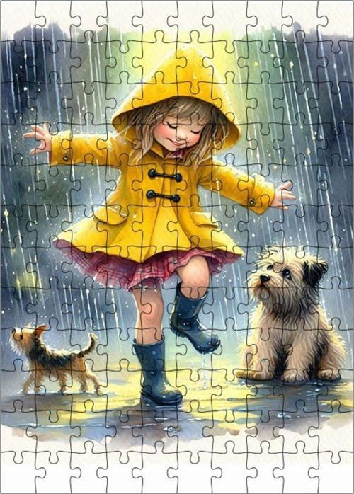 Ahşap Mdf Puzzle Yapboz Yağmurdaki Kız Ve Köpekler 120 Parça 25 x 35 Cm