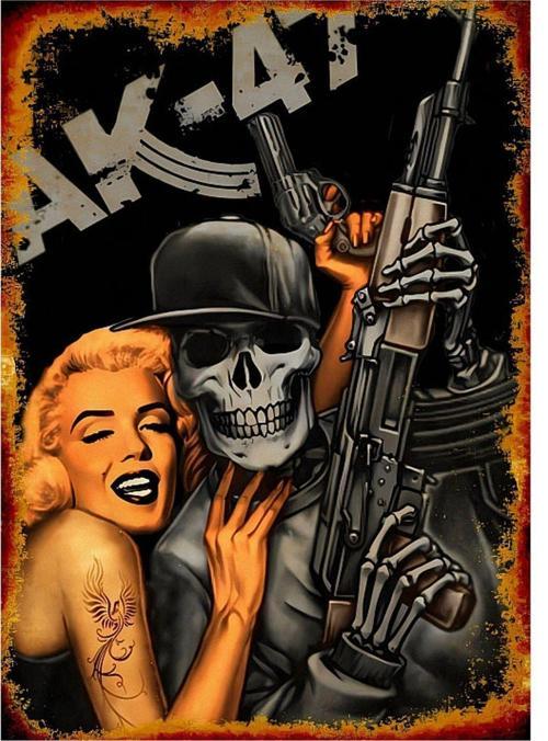 Ak 47 Savaşçı Kurukafa Dekoratif Ahşap Tablo 35 cm x 50 cm