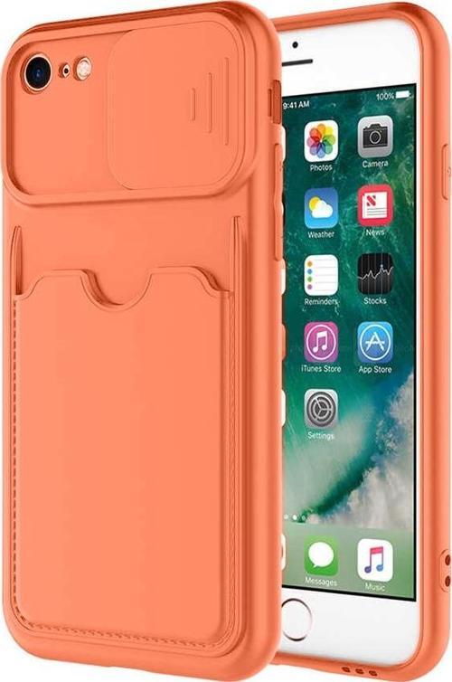 Apple iPhone 7 Kapak Lensi Açılır Kapanır Kamera Korumalı Kartvizitli Silikon Kılıf - Turuncu