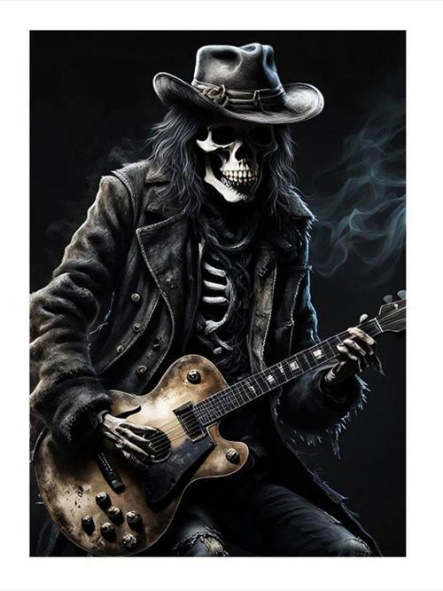 Elektro Gitar Çalan İskelet Dekoratif Ahşap Tablo 50 cm x 70 cm