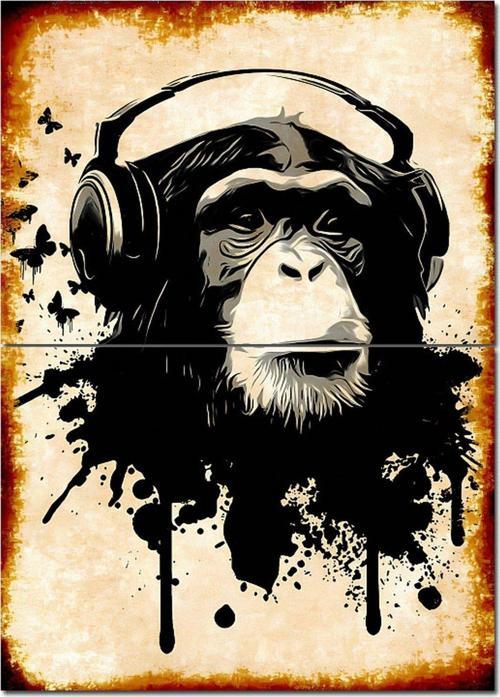 Müzik Dinleyen Maymun Model Ahşap Tablo 70 cm x 100 cm
