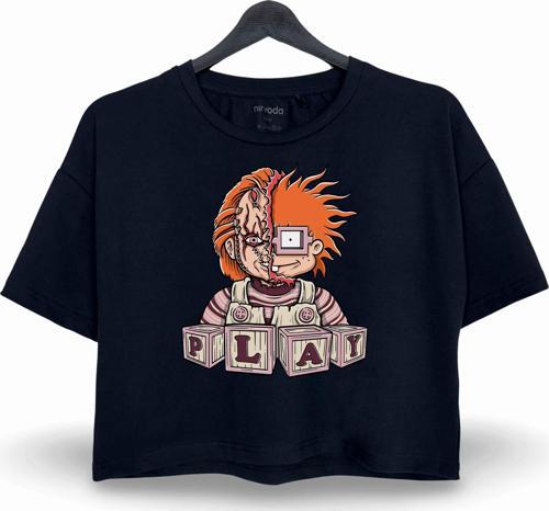 Chucky Korku Baskılı Oversize Crop Tişört