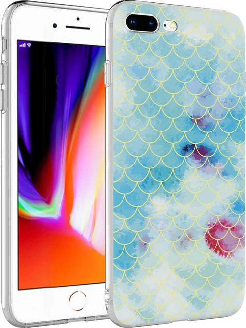 Apple iPhone 8 Plus Kapak Palık Pullu Desenli Parlak Silikon Kılıf - Mavi