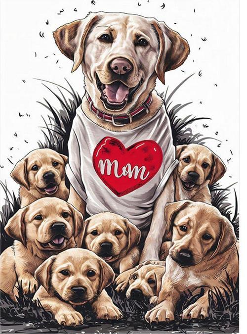 Yavru Golden Köpekler Ve Annesi Dekoratif Ahşap Tablo 25 cm x 35 cm