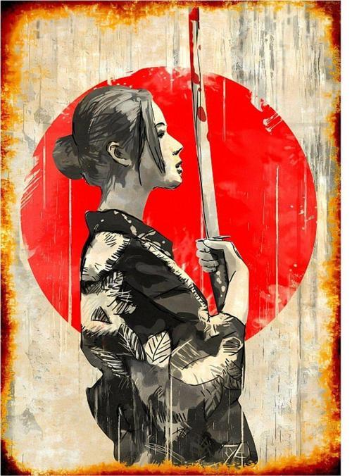Savaşçı Japon Kadın Modern Ahşap Tablo 18 cm x 27 cm