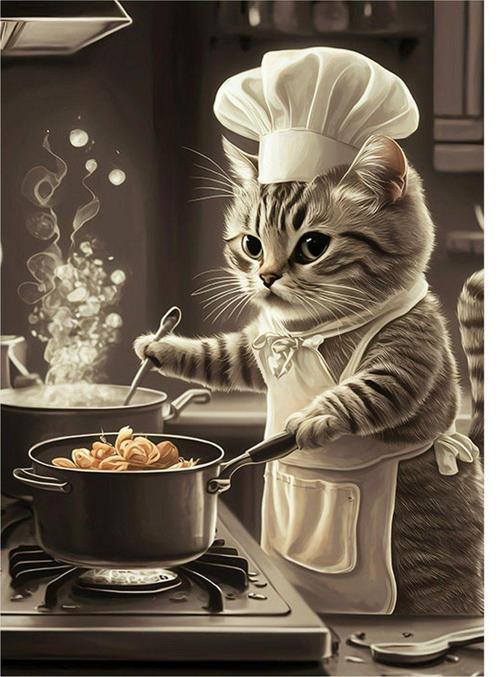 Yemek Yapan Kedi Tasarım Ahşap Tablo 35 cm x 50 cm