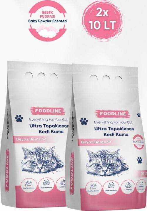 Bebek Pudrası Kokulu İnce Taneli Bentonit Topaklanan Kedi Kumu 10 Lt X 2 Adet