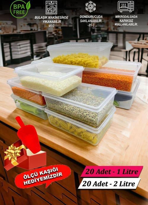 Plastik Kendinden Kilitli- Kapaklı Saklama Kabı 20 Adet 2 Lt & 20 Adet 1 Lt Şeffaf