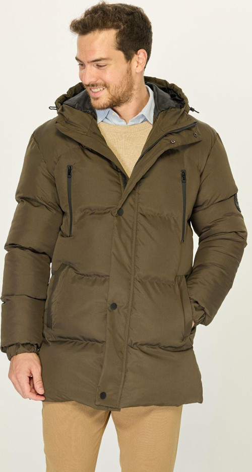 Erkek Kapüşonlu Şişme Elyaf Dolgulu Sıcak Tutan Uzun Haki Rüzgar Geçirmez Mont Parka Kaban