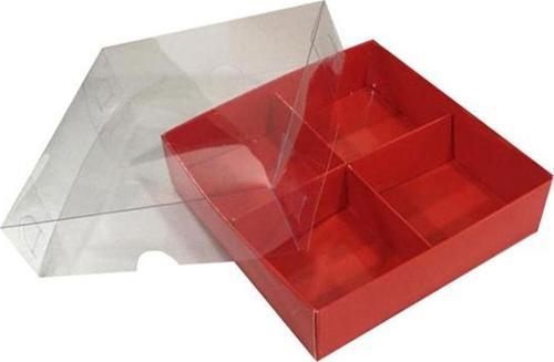 Asetat Kapaklı Karton Kutu 12x12x3 CM 4 Bölmeli Kutu (10 Adet)  Kırmızı