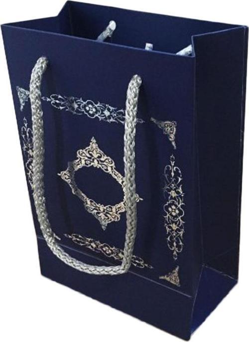 Karton İp Saplı Hediye Çantası Saray Desenli Gümüş 12X17 25 Adet  Lacivert