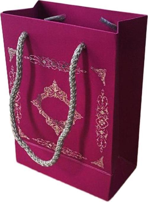 Karton İp Saplı Hediye Çantası Saray Desenli Gümüş 12X17 25 Adet  Mor
