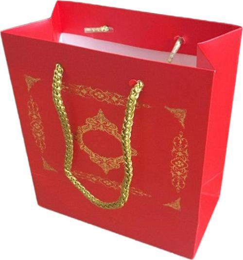 Karton İpsaplı Hediye Çantası Saray Desenli GOLD 15X17X8 10 Adet  Kırmızı
