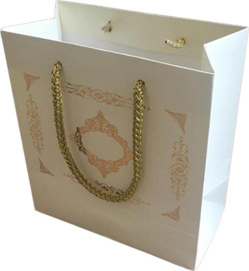 Karton İpsaplı Hediye Çantası Saray Desenli GOLD 15X17X8 10 Adet  Krem