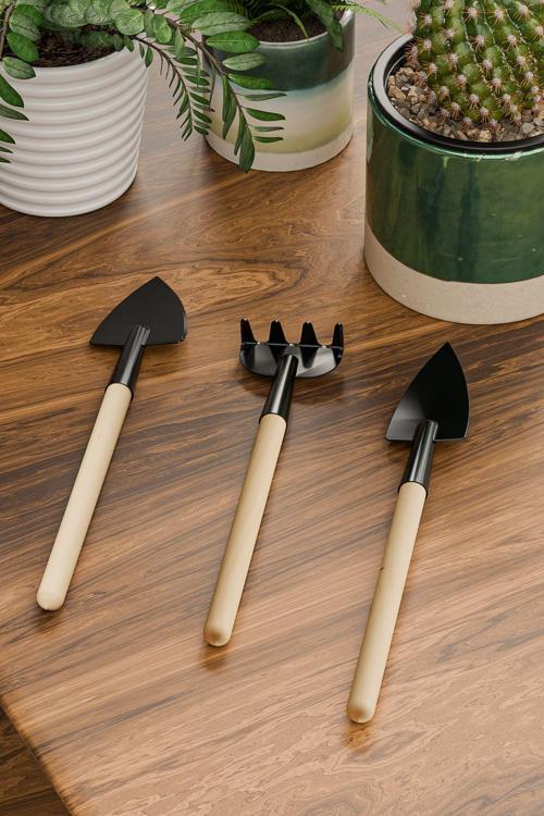 Kaktüs Dikim Seti 3 Parça Bambu Saplı Metal Mini Kürek Çiçek Bakım Seti Kök Sökücü