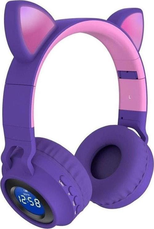 Jr-28 Kedi Kulak Led Göstergeli Işıklı Kablosuz Bluetooth Fm Radyo Mikrofonlu Kulaklık Mor