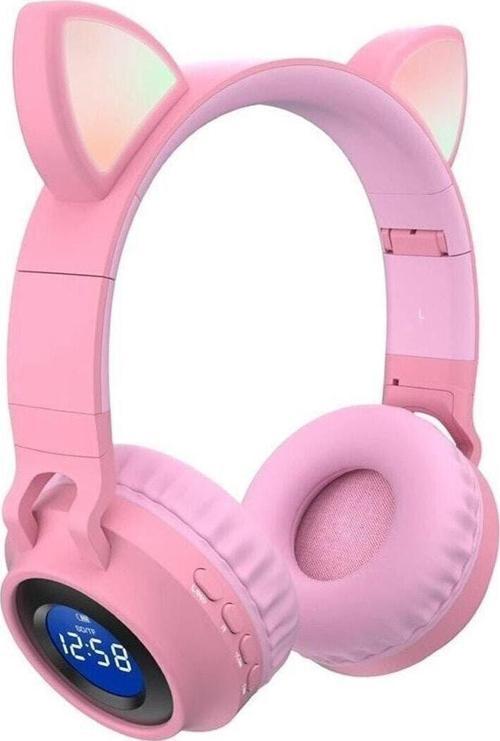 Jr-28 Kedi Kulak Led Göstergeli Işıklı Kablosuz Bluetooth Fm Radyo Mikrofonlu Kulaklık Pembe