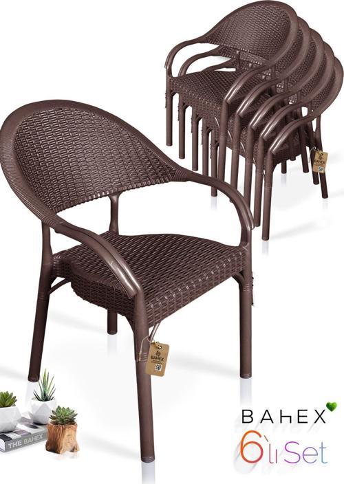 6'Lı Bambu Rattan Kollu Sandalye Koltuk 6 Adet Dayanıklı Bahçe Sandalyesi Kahverengi