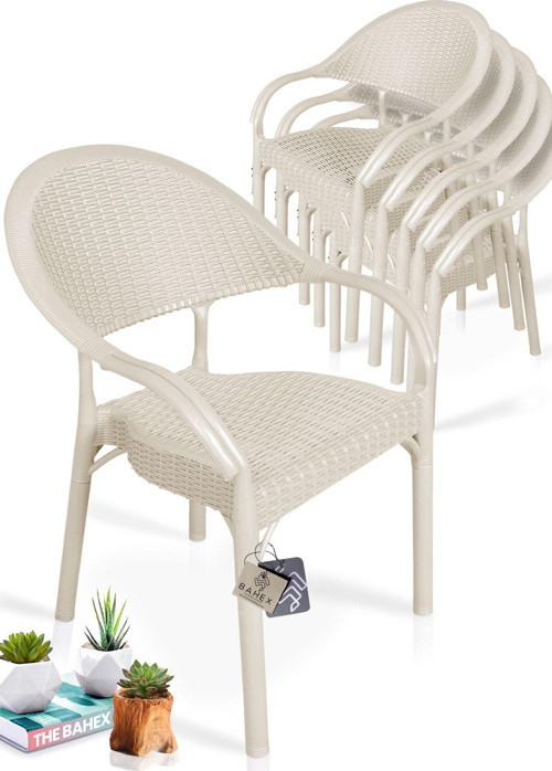 6'Lı Bambu Rattan Kollu Sandalye Koltuk 6 Adet Dayanıklı Bahçe Sandalyesi Krem