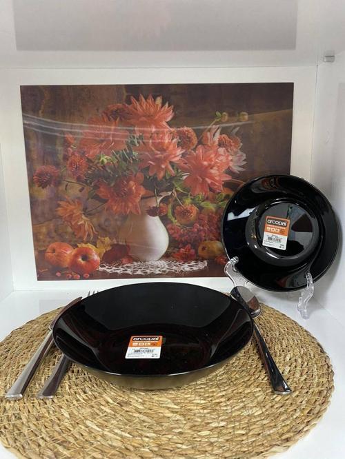 Arcopal Zelie Siyah 12 Parça 6 Kişilik Yemek Takımı 20 Cm Çukur Yemek Tabağı 16 Cm Çorba Kasesi