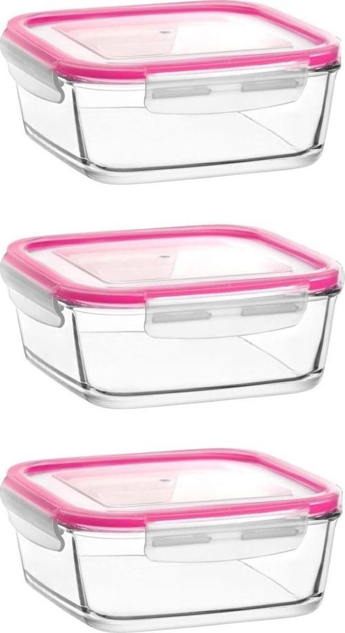 Cam Kilitli Saklama Kabı 3'Lü Set Büyük Boy 1150Cc Pembe Kapak