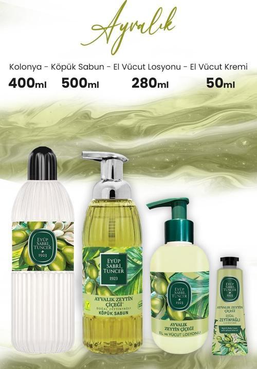 Ayvalık Zeytin Vücut Losyonu 280 ml, Kolonya 400 ml, Krem 50 ml ve Köpük Sabun 500 ml