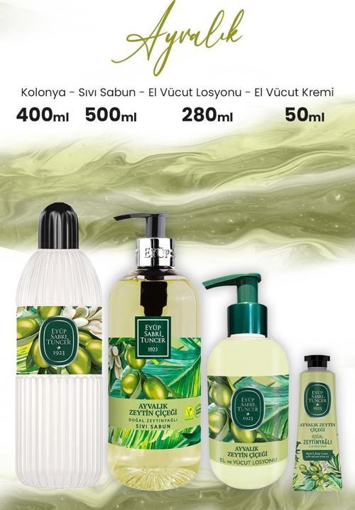 Ayvalık Zeytin Vücut Losyonu 280 ml, Sıvı Sabun 500 ml, Kolonya 400 ml ve Krem 50 ml