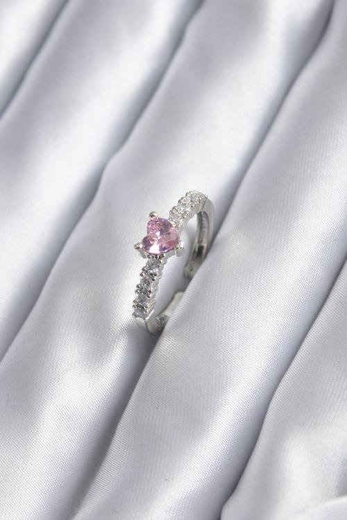 Gümüş Renk Zirkon Taşlı Pembe Kristal Kalp Model Kadın Yüzük - EBJ241109W28924