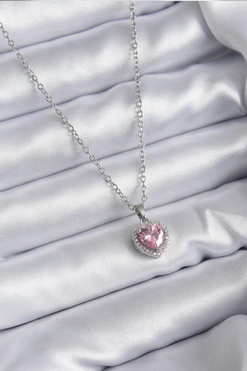Zincir Gümüş Renk Pembe Zirkon Taş Charm Model Kadın Kolye - EBJ241109W28990
