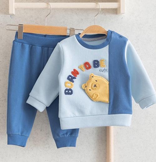 Ayı Baskılı 2'li Erkek Bebek Takım 5279 Mavi
