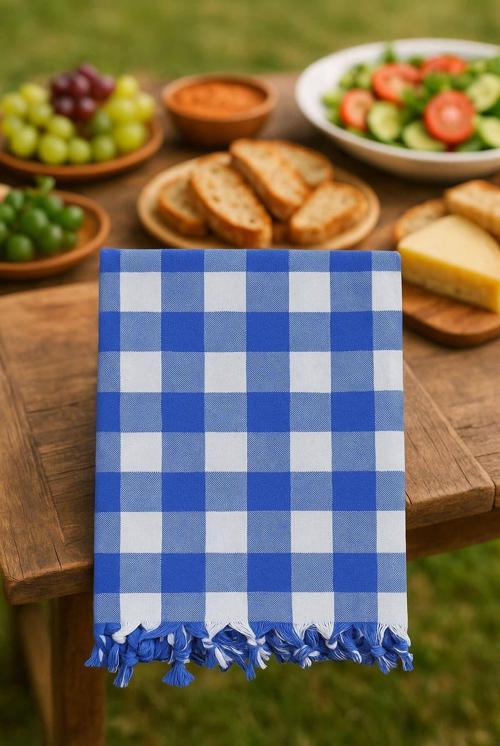 150x150 Cm Kareli Yer Sofra Bezi Piknik Masa Örtüsü Saçaklı