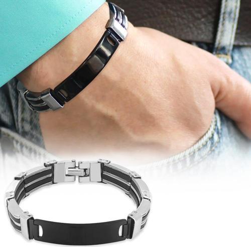 Kişiye Özel İsim Yazılı Silver-Black Renk Çelik Erkek Bileklik (Model-2)