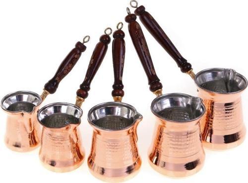 Premium Collection Roman Bakır Cezve 5'li Takım Ahşap Kulp
