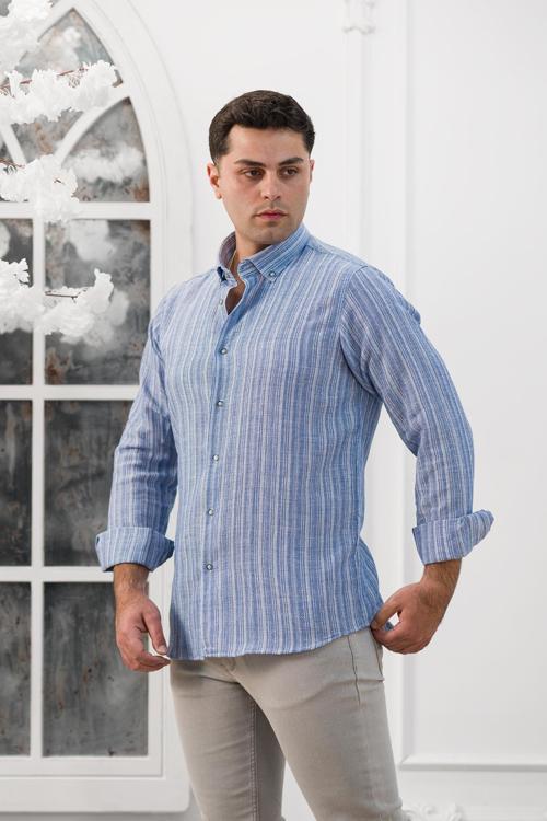 Hasırlı Dokumalı Slimfit Çizgili Yaka Düğmeli Mevsimlik Kumaş Erkek Gömlek
