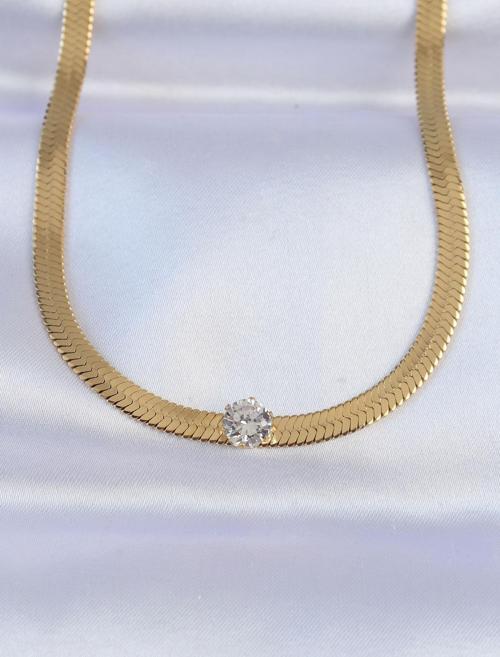316L Çelik Gold Renk Tek Zirkon Taşlı İtalyan Zincir Kolye - TJ-BKO8747