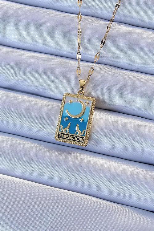 316L Çelik Zincir Altın Renk Mavi Mineli Ay Figür Tarot Kolye - TJ-BKO9213