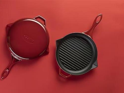 28 cm Yuvarlak Döküm Grill Tava Çift Kulplu Kırmızı