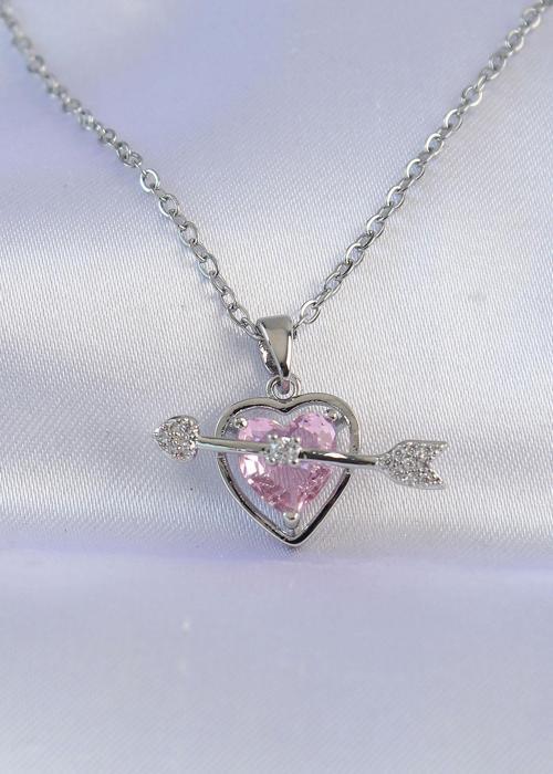 316L Çelik Zincir Gümüş Renk Pembe Zirkon Taşlı Eros Kolye - TJ-BKO8743
