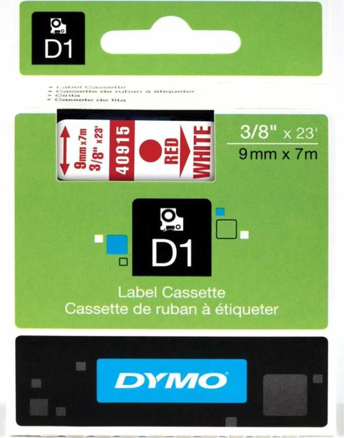 40915 Beyaz/Kırmızı D1 Yedek Şerit (9 mm x 7 mt)