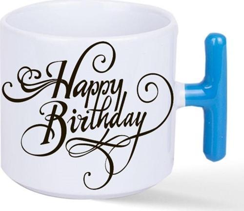 Kişiye Özel Happy Brithday Doğum Günü Özel Kulplu Süblimasyon Baskılı Porselen Kupa Bardak Mavi T