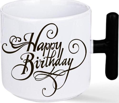 Kişiye Özel Happy Brithday Doğum Günü Özel Kulplu Süblimasyon Baskılı Porselen Kupa Bardak Siyah T