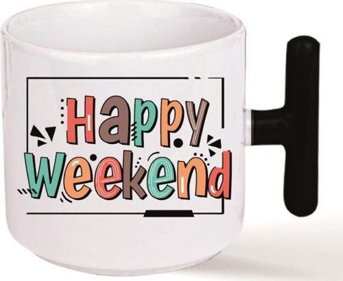 Kişiye Özel Happy Weekend Renkli Kalp Kulp Özel Süblimasyon Kaliteli Baskılı Porselen Kupa Bardak Siyah T