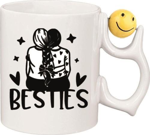 Besties Arkadaş Emoji Ve Kalp Kulplu Özel Süblimasyon Kaliteli Baskılı Porselen Kupa Bardak Emoji Kulp